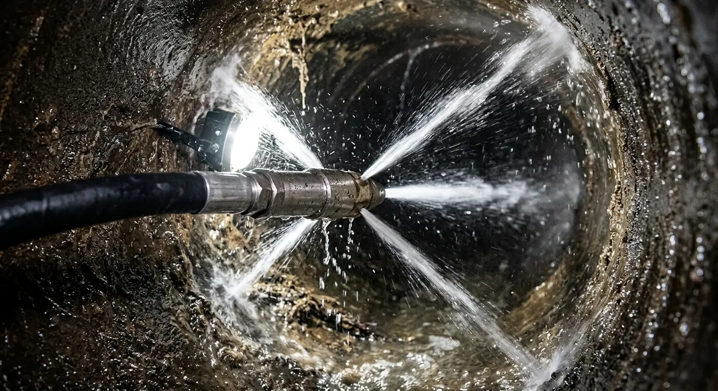 High-pressure hydro jetting nozzle cleaning sewer pipe for Trenchless Sewer Repair in Duluth