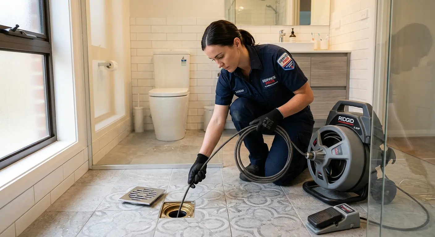 Technician clearing a bathroom floor drain for Sewer Line Replacement in Duluth